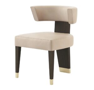 Modern beige chair with dark wooden legs.
