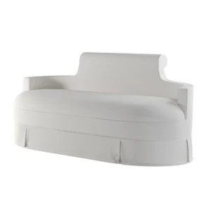 Elegant white curved sofa with skirted base.