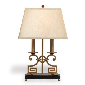 Elegant table lamp with ornate metal base.
