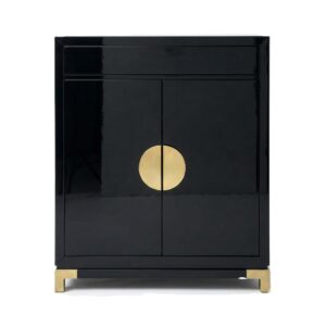 Oriental Black Lacquer Brass Bar Cabinet