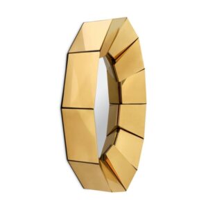Geometric gold mirror with angular design.