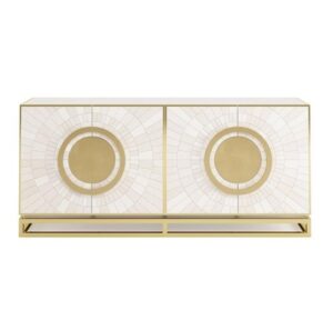 Modern gold and white cabinet with geometric design.