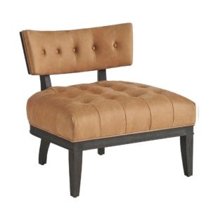 Brown tufted chair with wooden legs.