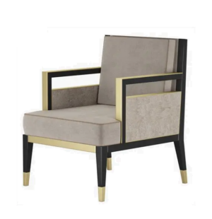 Modern armchair with beige and black accents.