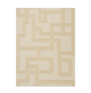 Beige geometric patterned rug on white background.