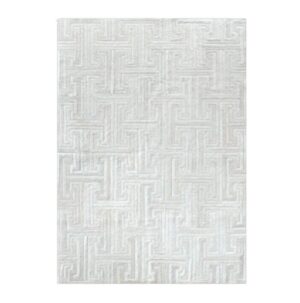 White geometric patterned rug, rectangular shape.