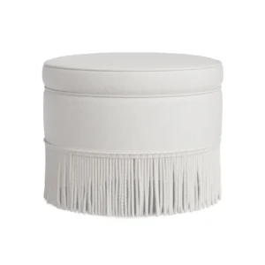 White round ottoman with fringe detail