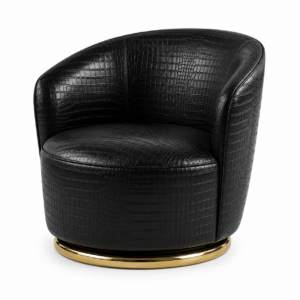 Giardini Black Crocodile Leather Brass Swivel Chair