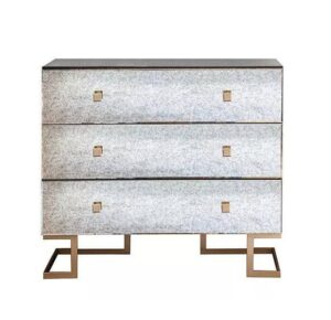 Modern three-drawer chest with metallic finish.