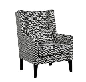 Black and white patterned armchair with geometric design.