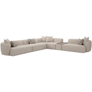 Beige L-shaped sectional sofa with cushions.