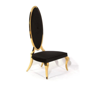 Elegant black chair with gold legs.