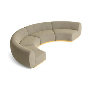 Curved beige sectional sofa with modular design.