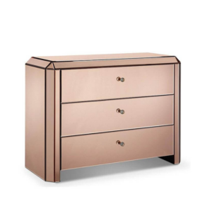 Three-drawer mirrored chest, modern design.