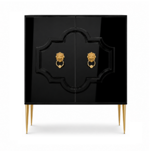 Quadrefoil Black Lacquer Brass Bar Cabinet