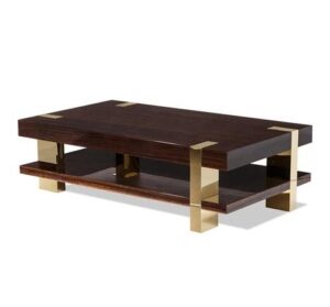Luxurious wooden coffee table with gold accents.
