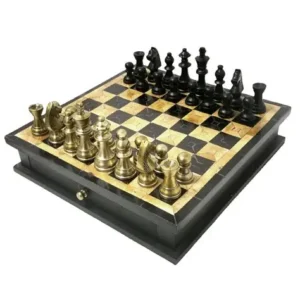 Wooden chess set with metal pieces on board.