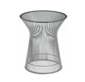 Modern wireframe side table with glass top.