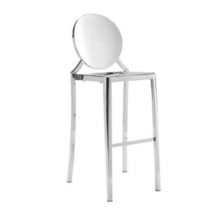 Modern silver bar stool with round backrest.