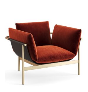 Modern red armchair with gold frame.