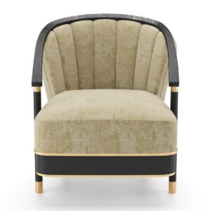 Beige velvet armchair with black and gold accents.