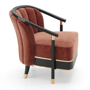 Modern brown armchair with gold accents, elegant design.