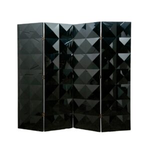 Black geometric room divider screen with triangular pattern.