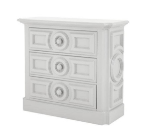 White wooden chest with ornate circular design