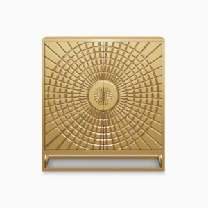 Gold cabinet with sunburst pattern design.