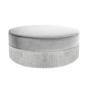 Fringe Light Grey Velvet Round Ottoman