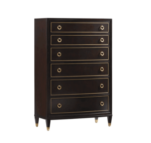 Elegant dark wood chest of drawers with gold accents.