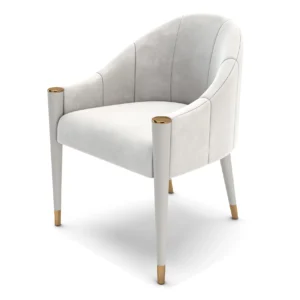 Elegant white chair with gold accents.