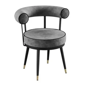 Modern grey and black velvet chair with gold accents.