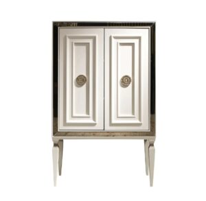 Elegant white cabinet with ornate doors and legs.