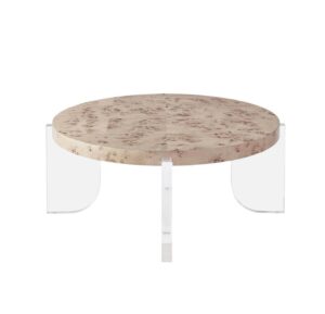 Modern round coffee table with clear acrylic legs.