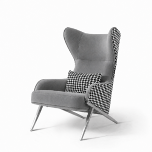 Alamode Grey Velvet Houndstooth Chrome Wing Chair