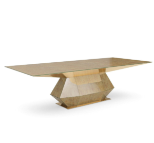 Geometric wooden table with glass top.