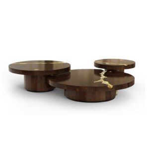 Empire Walnut Brass Coffee Table Set