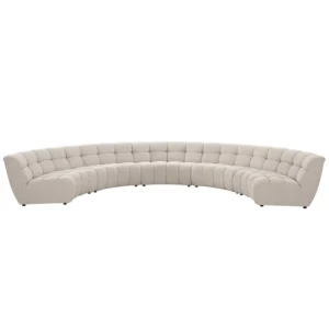 Curved beige modular sectional sofa, contemporary design.
