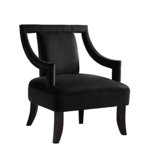 Elegant black armchair with curved arms.