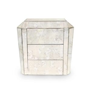 Mirrored nightstand with three drawers, modern design.
