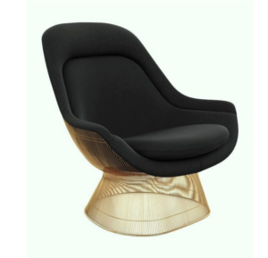 Modern armchair with black seat, golden base.