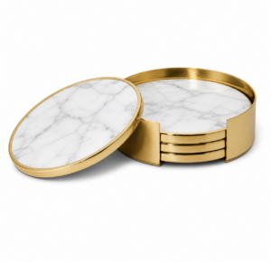 Gilt Carrara Marble Brass Coaster Set