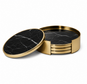Gilt Nero Marble Brass Coaster Set