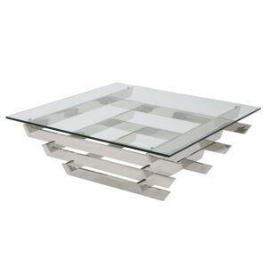 Modern glass and metal coffee table design.