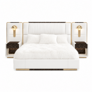 Luxor White Italian Leather Gold King Bed