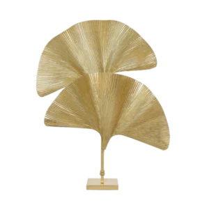 Golden metal sculpture of stylised ginkgo leaves.