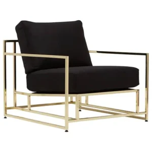 Modern black armchair with gold frame design.