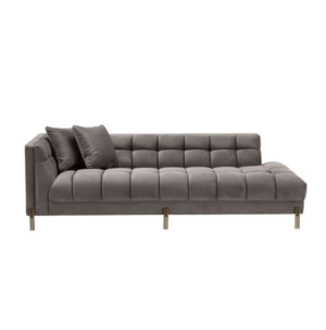Modern grey velvet sofa with cushions.