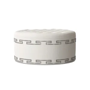 Eros White Velvet Greek Key Studded Ottoman - Avant Garde Furniture - Designer Furniture Store & Luxury Home Decor